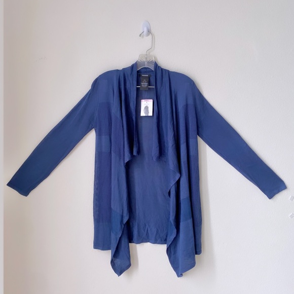 Premise Navy Long Sleeve Open Front Drape Knit Cardigan w/ Pointelle Details - Picture 3 of 5